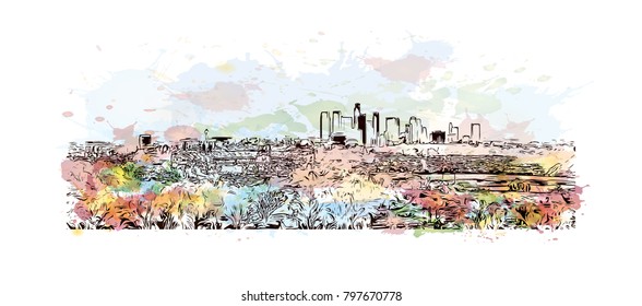 Building view and skyline of Los Angeles City in California. Watercolor splash with hand drawn sketch illustration in vector.