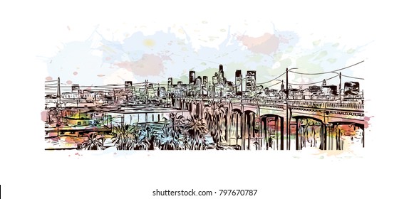 Building view and skyline of Los Angeles City in California. Watercolor splash with hand drawn sketch illustration in vector.