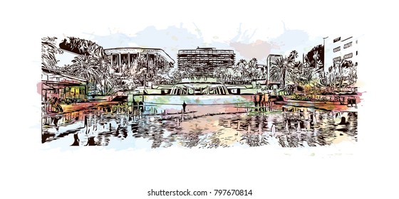 Building view and skyline of Los Angeles City in California. Watercolor splash with hand drawn sketch illustration in vector.