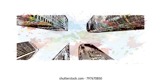 Building view and skyline of Los Angeles City in California. Watercolor splash with hand drawn sketch illustration in vector.