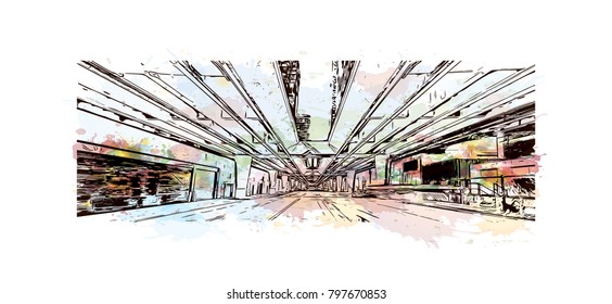 Building view and skyline of Los Angeles City in California. Watercolor splash with hand drawn sketch illustration in vector.