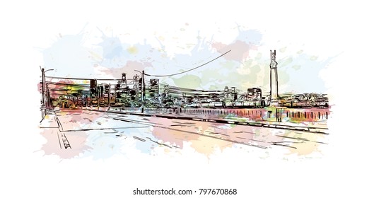 Building view and skyline of Los Angeles City in California. Watercolor splash with hand drawn sketch illustration in vector.