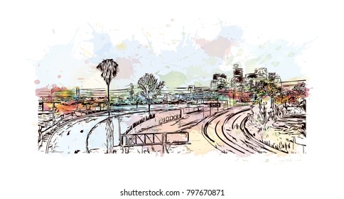 Building view and skyline of Los Angeles City in California. Watercolor splash with hand drawn sketch illustration in vector.