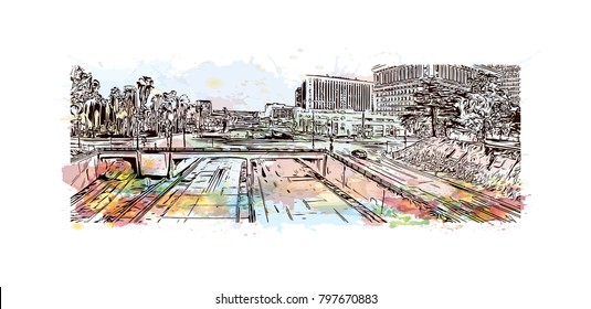 Building view and skyline of Los Angeles City in California. Watercolor splash with hand drawn sketch illustration in vector.