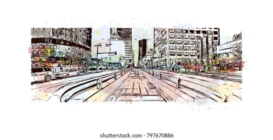 Building view and skyline of Los Angeles City in California. Watercolor splash with hand drawn sketch illustration in vector.