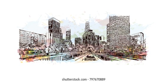 Building view and skyline of Los Angeles City in California. Watercolor splash with hand drawn sketch illustration in vector.