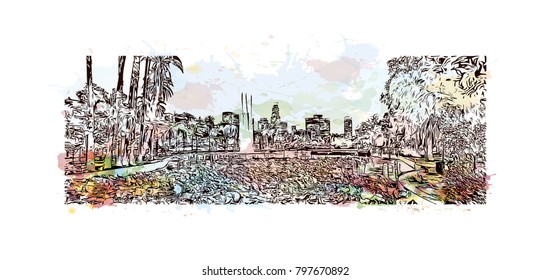 Building view and skyline of Los Angeles City in California. Watercolor splash with hand drawn sketch illustration in vector.