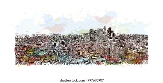 Building view and skyline of Los Angeles City in California. Watercolor splash with hand drawn sketch illustration in vector.