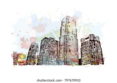 Building view and skyline of Los Angeles City in California. Watercolor splash with hand drawn sketch illustration in vector.