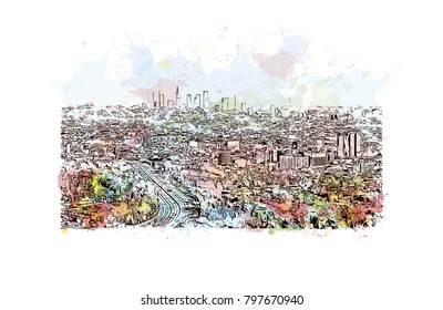 Building view and skyline of Los Angeles City in California. Watercolor splash with hand drawn sketch illustration in vector.