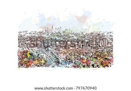 Building view and skyline of Los Angeles City in California. Watercolor splash with hand drawn sketch illustration in vector.