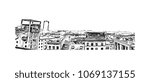 Building view with street City of Brussels, Capital of Belgium. Hand drawn sketch illustration in vector.