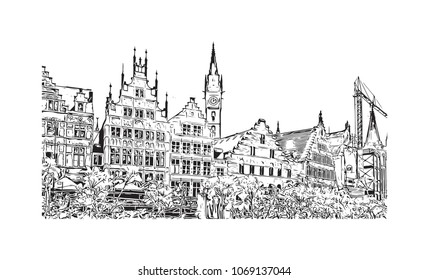 Building view with street City of Brussels, Capital of Belgium. Hand drawn sketch illustration in vector.