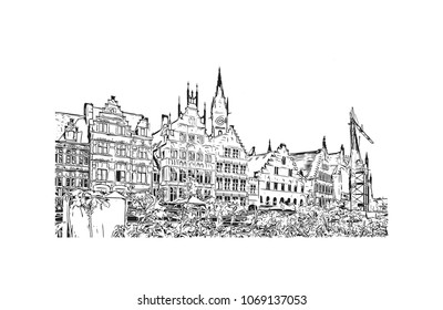 Building view with street City of Brussels, Capital of Belgium. Hand drawn sketch illustration in vector.