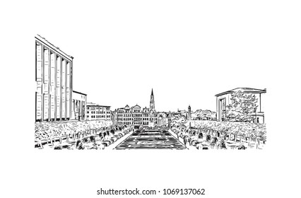 Building view with street City of Brussels, Capital of Belgium. Hand drawn sketch illustration in vector.