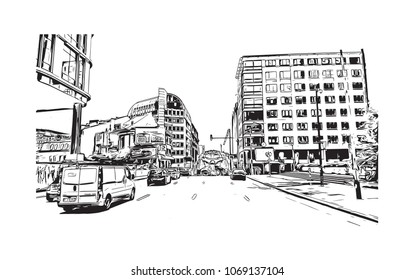 Building view with street City of Brussels, Capital of Belgium. Hand drawn sketch illustration in vector.