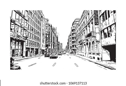 Building view with street City of Brussels, Capital of Belgium. Hand drawn sketch illustration in vector.