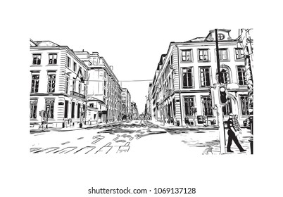 Building view with street City of Brussels, Capital of Belgium. Hand drawn sketch illustration in vector.