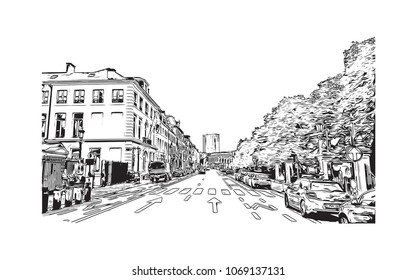 Building view with street City of Brussels, Capital of Belgium. Hand drawn sketch illustration in vector.