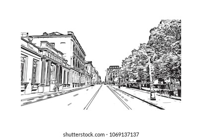 Building view with street City of Brussels, Capital of Belgium. Hand drawn sketch illustration in vector.