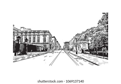 Building view with street City of Brussels, Capital of Belgium. Hand drawn sketch illustration in vector.