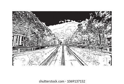 Building view with street City of Brussels, Capital of Belgium. Hand drawn sketch illustration in vector.