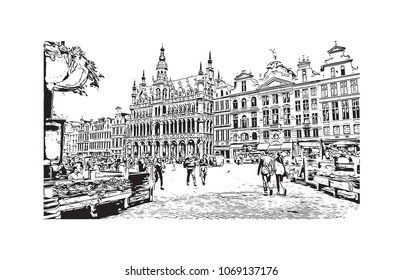Building view with street City of Brussels, Capital of Belgium. Hand drawn sketch illustration in vector.