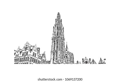 Building view with street City of Brussels, Capital of Belgium. Hand drawn sketch illustration in vector.