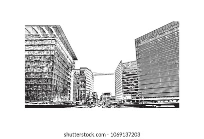 Building view with street City of Brussels, Capital of Belgium. Hand drawn sketch illustration in vector.