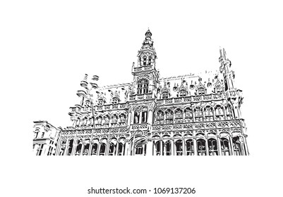 Building view with street City of Brussels, Capital of Belgium. Hand drawn sketch illustration in vector.