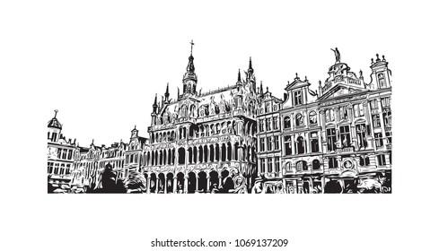 Building view with street City of Brussels, Capital of Belgium. Hand drawn sketch illustration in vector.
