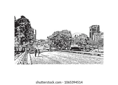 Building view with street of Sofia, Bulgaria.  Panorama Sketch, Monochrome Urban Cityscape Vector. Hand drawn sketch illustration in vector.