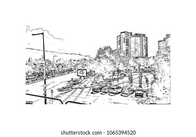 Building view with street of Sofia, Bulgaria.  Panorama Sketch, Monochrome Urban Cityscape Vector. Hand drawn sketch illustration in vector.