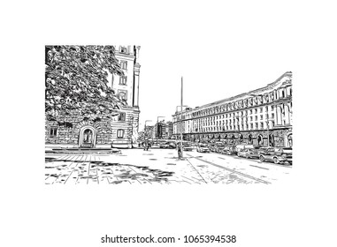 Building view with street of Sofia, Bulgaria.  Panorama Sketch, Monochrome Urban Cityscape Vector. Hand drawn sketch illustration in vector.