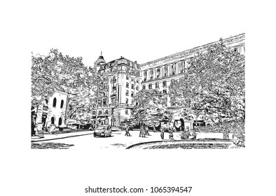 Building view with street of Sofia, Bulgaria.  Panorama Sketch, Monochrome Urban Cityscape Vector. Hand drawn sketch illustration in vector.