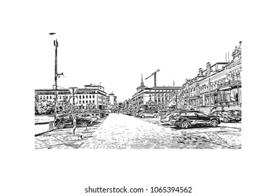 Building view with street of Sofia, Bulgaria.  Panorama Sketch, Monochrome Urban Cityscape Vector. Hand drawn sketch illustration in vector.