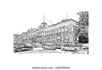 Building view with street of Sofia, Bulgaria.  Panorama Sketch, Monochrome Urban Cityscape Vector. Hand drawn sketch illustration in vector.
