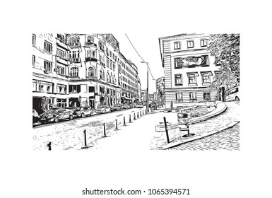Building view with street of Sofia, Bulgaria.  Panorama Sketch, Monochrome Urban Cityscape Vector. Hand drawn sketch illustration in vector.