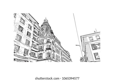 Building view with street of Sofia, Bulgaria.  Panorama Sketch, Monochrome Urban Cityscape Vector. Hand drawn sketch illustration in vector.