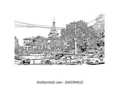 Building view with street of Sofia, Bulgaria.  Panorama Sketch, Monochrome Urban Cityscape Vector. Hand drawn sketch illustration in vector.