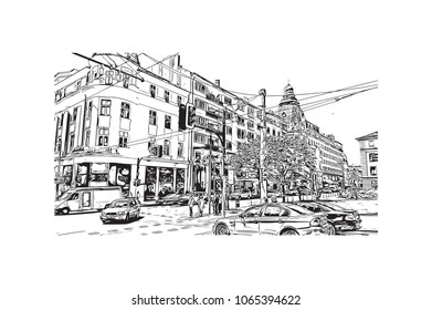 Building view with street of Sofia, Bulgaria.  Panorama Sketch, Monochrome Urban Cityscape Vector. Hand drawn sketch illustration in vector.