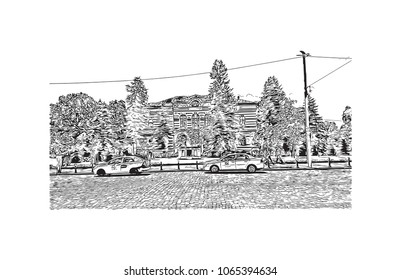 Building view with street of Sofia, Bulgaria.  Panorama Sketch, Monochrome Urban Cityscape Vector. Hand drawn sketch illustration in vector.