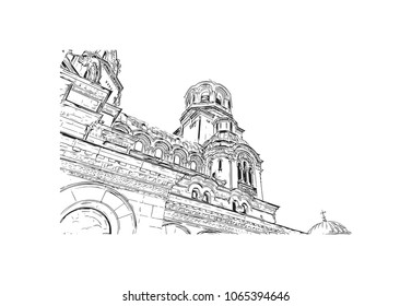 Building view with street of Sofia, Bulgaria.  Panorama Sketch, Monochrome Urban Cityscape Vector. Hand drawn sketch illustration in vector.