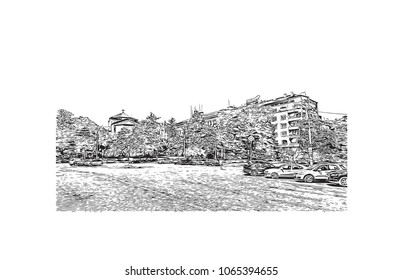 Building view with street of Sofia, Bulgaria.  Panorama Sketch, Monochrome Urban Cityscape Vector. Hand drawn sketch illustration in vector.