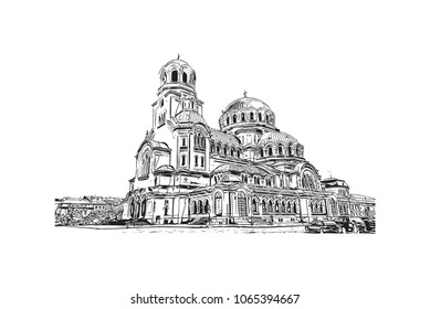 Building view with street of Sofia, Bulgaria.  Panorama Sketch, Monochrome Urban Cityscape Vector. Hand drawn sketch illustration in vector.