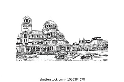Building view with street of Sofia, Bulgaria.  Panorama Sketch, Monochrome Urban Cityscape Vector. Hand drawn sketch illustration in vector.