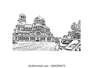 Building view with street of Sofia, Bulgaria.  Panorama Sketch, Monochrome Urban Cityscape Vector. Hand drawn sketch illustration in vector.