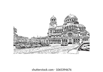 Building view with street of Sofia, Bulgaria.  Panorama Sketch, Monochrome Urban Cityscape Vector. Hand drawn sketch illustration in vector.