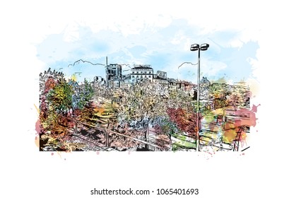 Building view with street of Sofia, Capital of Bulgaria. Watercolor splash with hand drawn sketch illustration in vector.