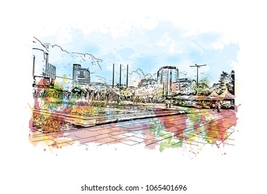 Building view with street of Sofia, Capital of Bulgaria. Watercolor splash with hand drawn sketch illustration in vector.